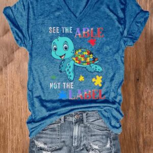 Women’s Autism Awareness, Awareness Turtle See The Able Not The Label Print T-shirt