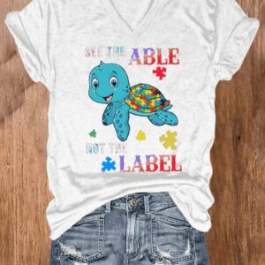 Womens Autism Awareness Awareness Turtle See The Able Not The Label Print T shirt2