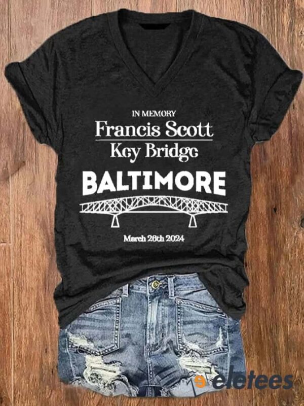 Women’s Baltimore Bridge In Memory Print V-Neck T-Shirt