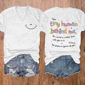 Women’s Dear Tiny Human Behind Me Mental Health Print V-Neck Shirt