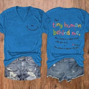 Womens Dear Tiny Human Behind Me Mental Health Print V Neck Shirt 2