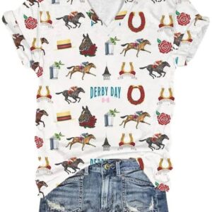 Women’s Derby Horses Print V-Neck T-Shirt