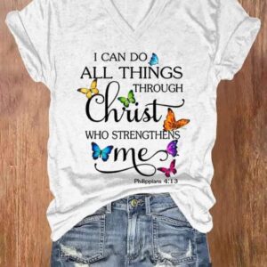 Womens I Can Do All Things Through Christ Who Strengthens Me Print V Neck T shirt1