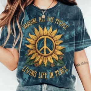 Women’s Imagine All The People Living Life In Peace Print Round Neck T-shirt