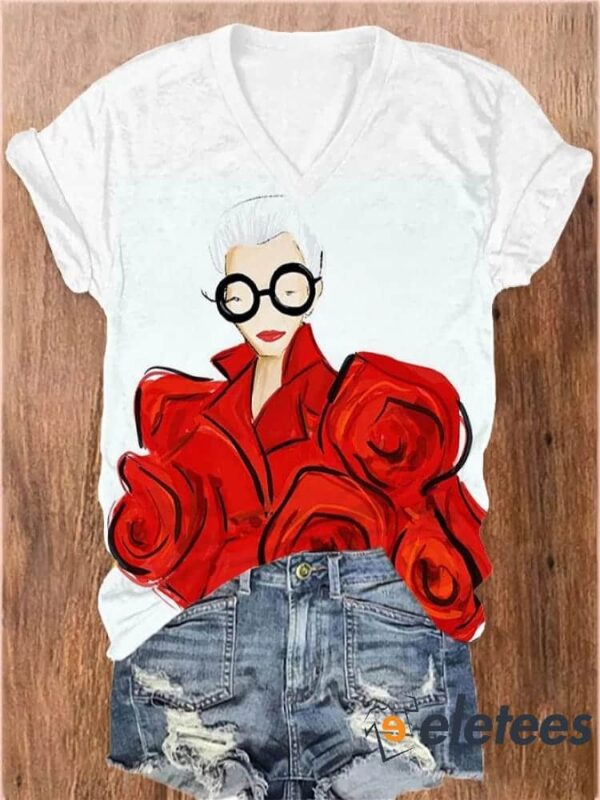 Women’s Iris Apfel Print V-Neck T-Shirt