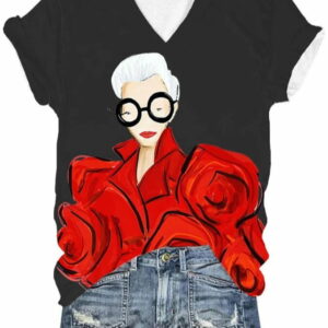 Womens Iris Apfel Print V Neck T Shirt1