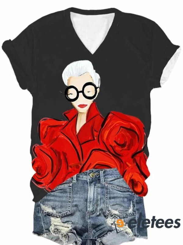 Women’s Iris Apfel Print V-Neck T-Shirt