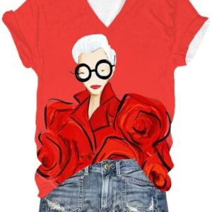 Womens Iris Apfel Print V Neck T Shirt2