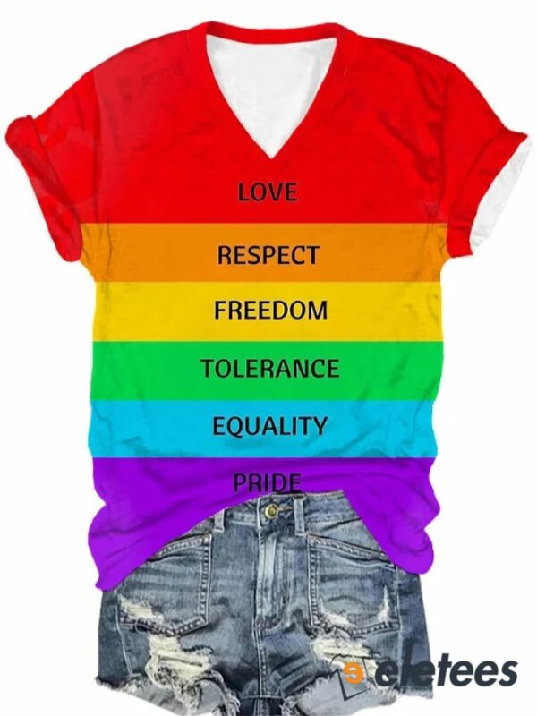 Women’s LGBTQ+ Pride Month Love Respect Freedom Tolerance Equality Pride Printed V-Neck T-Shirt