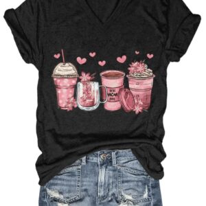 Women’s Mother’s Day Coffee Cup Print V-Neck T-Shirt