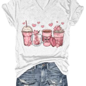 Womens Mothers Day Coffee Cup Print V Neck T Shirt1