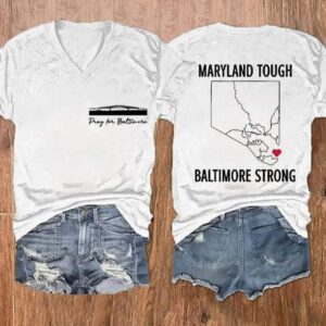 Womens Pray For Baltimore Bridge printed V neck T shirt1