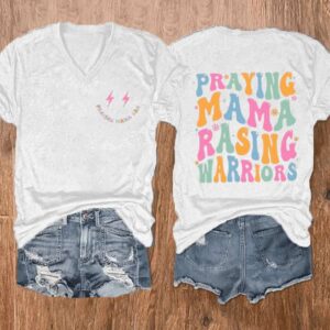 Womens Praying Mamas Raising Warriors Print V Neck T Shirt1