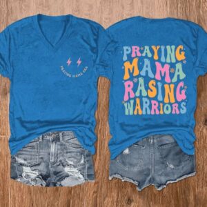 Womens Praying Mamas Raising Warriors Print V Neck T Shirt2
