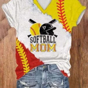 Women’s Softball Mom Print V Neck T-Shirt