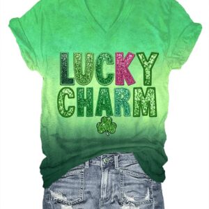 Women’s St. Patrick’s Day Lucky Charm Printed V-Neck T-Shirt