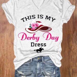 Womens This Is My Derby Day Dress Horse Racing Print V Neck Casual T shirt 1