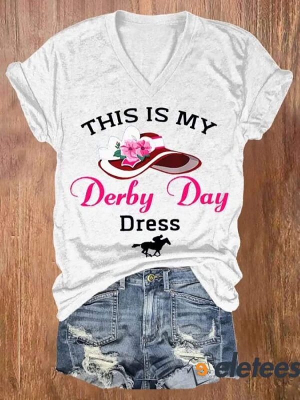 Women’s This Is My Derby Day Dress Horse Racing Print V Neck Casual T-shirt