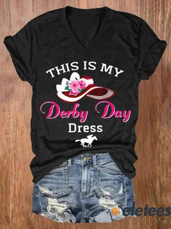 Women’s This Is My Derby Day Dress Horse Racing Print V Neck Casual T-shirt
