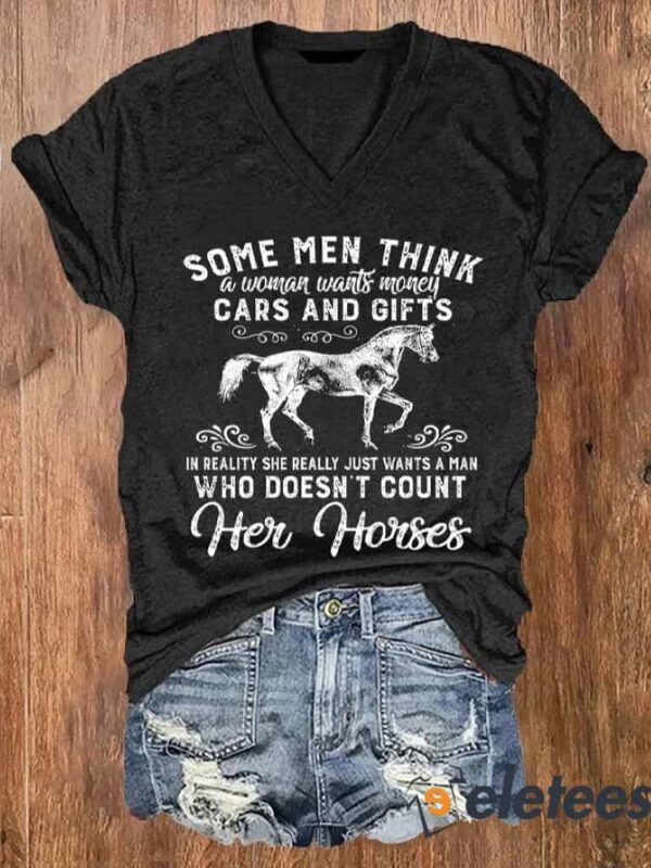 Women’s Western Horse Lover Print V-Neck T-Shirt