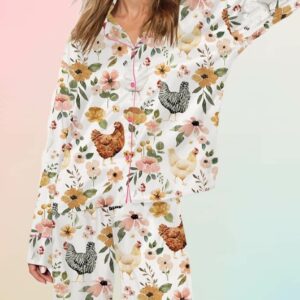 Floral Chickens Long Sleeve Pajama Set
