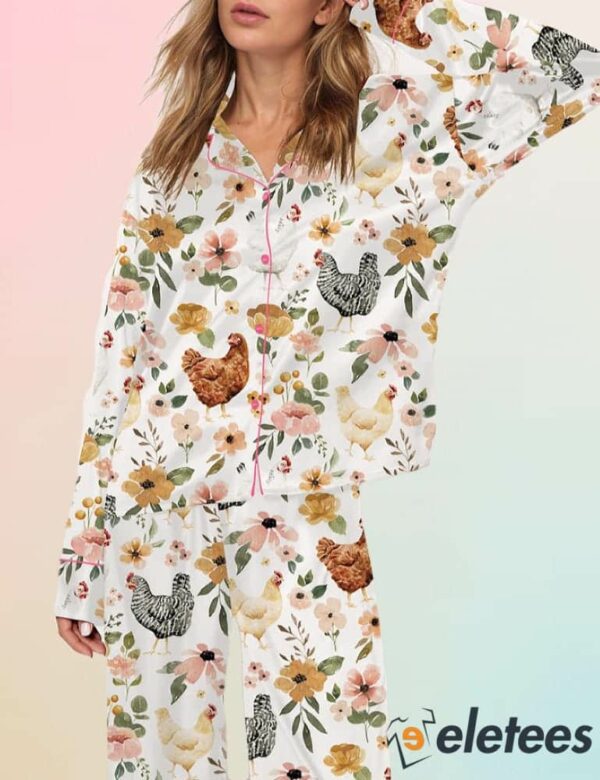 Floral Chickens Long Sleeve Pajama Set