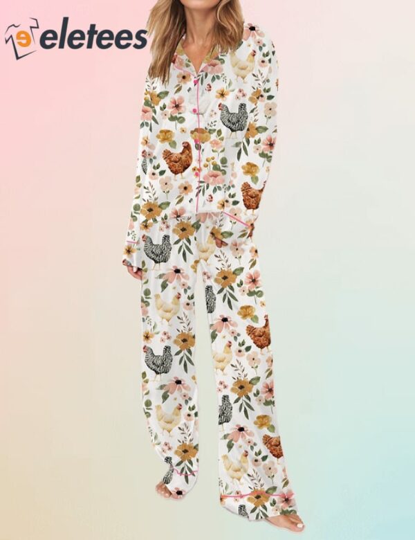 Floral Chickens Long Sleeve Pajama Set