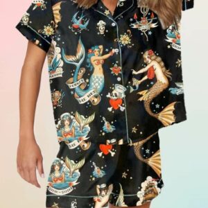 Retro Mermaid Black Print Pajama Set