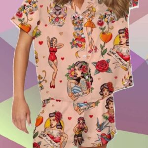 Retro Pin Up Girl Print Pajama Set1