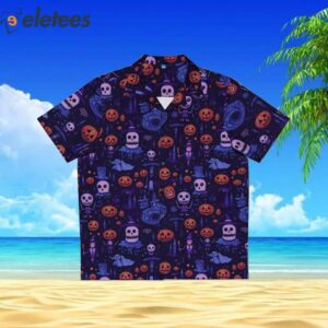 Spooky Halloween Fun Print Casual Tropical Button Up Aloha Shirt 2