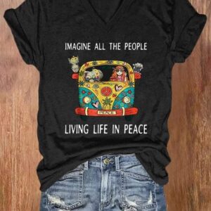 V-neck Retro Hippie Imagine All The People Living Life In Peace Print T-Shirt
