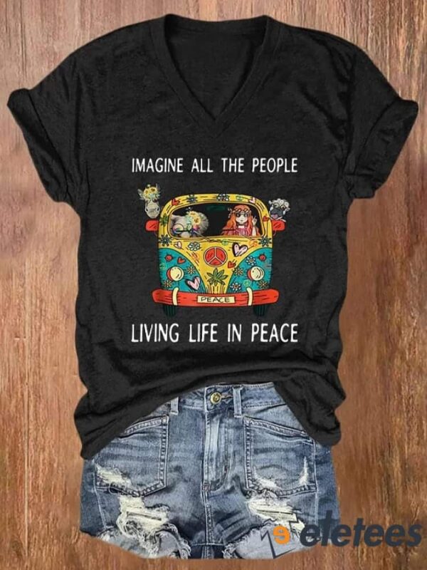 V-neck Retro Hippie Imagine All The People Living Life In Peace Print T-Shirt