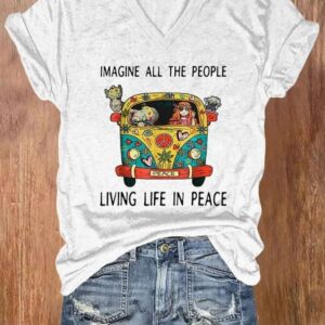 V neck Retro Hippie Imagine All The People Living Life In Peace Print T Shirt1