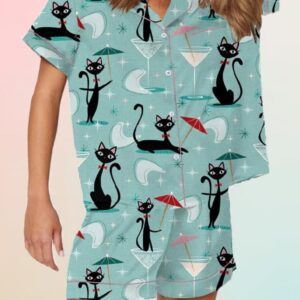 Vintage Cat Cocktail Print Pajama Set