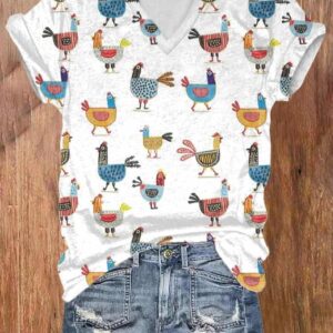 Women’S Funny Farm Chicken Art Print T-shirt