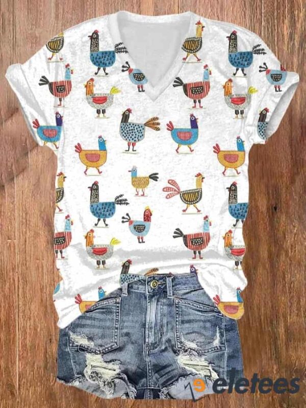Women’S Funny Farm Chicken Art Print T-shirt