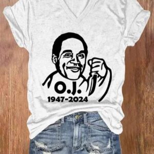 Women’s 1947-2024 Rest In Peace Print V Neck Shirt
