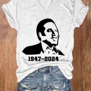 Women’s 1947-2024 Rest In Peace Print V Neck T-shirt