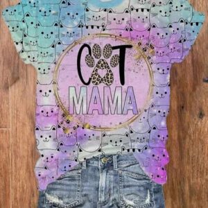 Women’s Colorful Cat Mama Love Print T-Shirt