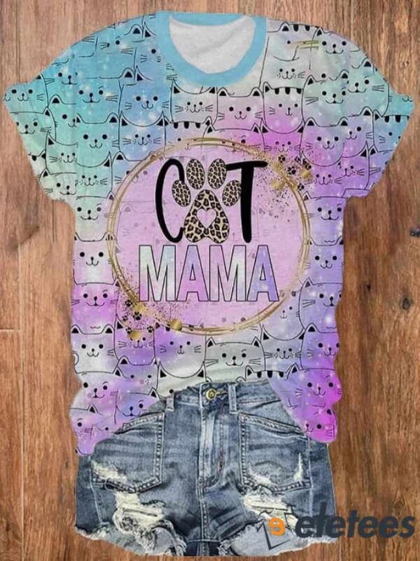 Women’s Colorful Cat Mama Love Print T-Shirt