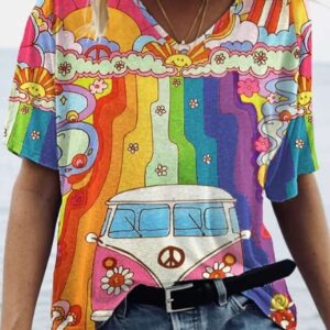 Womens Colorful Hippie Print Casual T Shirt 2