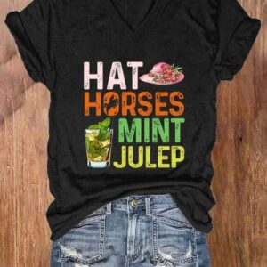 Womens Derby Day Hat Horses Mint Julep Print V Neck Casual T Shirt