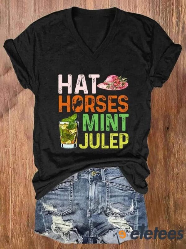 Women’s Derby Day Hat Horses Mint Julep Print V-Neck Casual T-Shirt