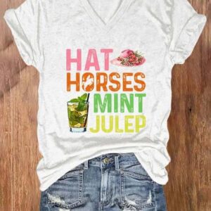 Womens Derby Day Hat Horses Mint Julep Print V Neck Casual T Shirt1