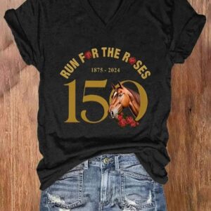 Women’s Derby Day Run For The Roses 150 Years Print V-Neck Casual T-Shirt