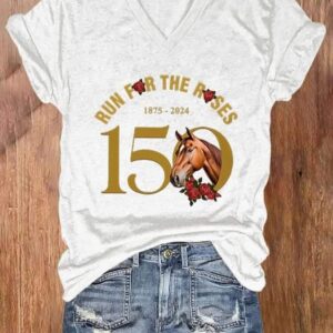 Womens Derby Day Run For The Roses 150 Years Print V Neck Casual T Shirt1