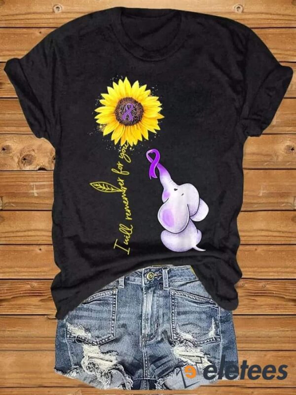 Women’s Elephant I Will Remember For You Sunflower Alzheimer Print T-shirt