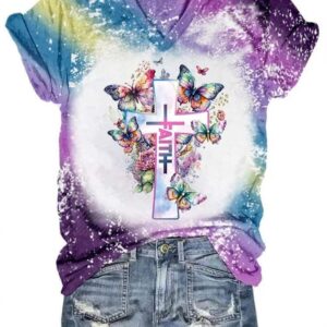 Women’s Faith Cross With Watercolor Flowers And Butterflies Tie Dye Print T-Shirt