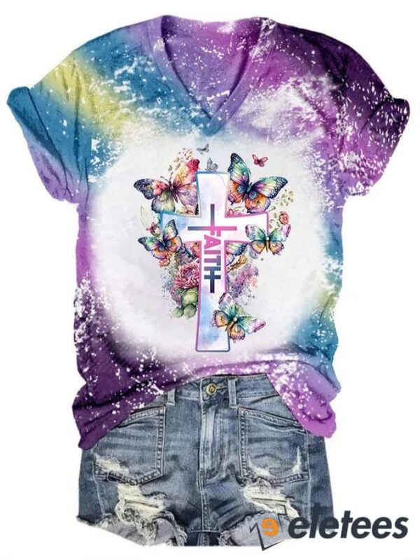 Women’s Faith Cross With Watercolor Flowers And Butterflies Tie Dye Print T-Shirt