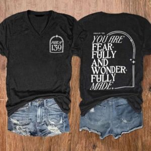 Womens Fearfully Wonderfully Made Printed V Neck Tee1